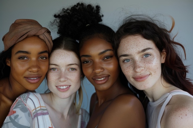 Diverse female friends smiling together in close up portrait