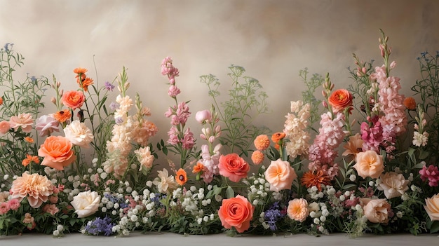 Diverse floral display with mixed blooms against a neutral backdrop