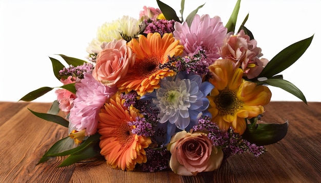 diverse flower bouquet on wooden surface elegantly detailed with vibrant colors and delica