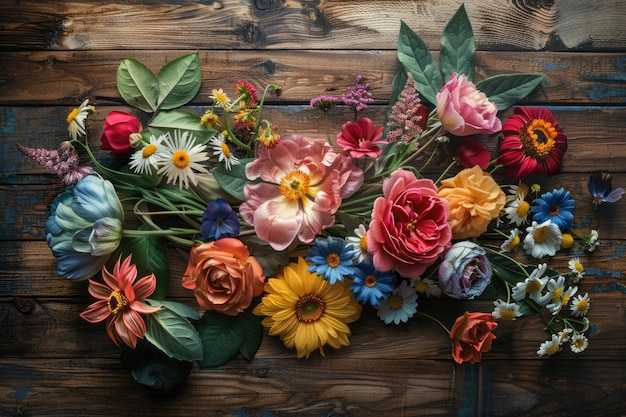 Photo diverse flower bouquet on wooden surface elegantly detailed with vibrant colors and delicate textures