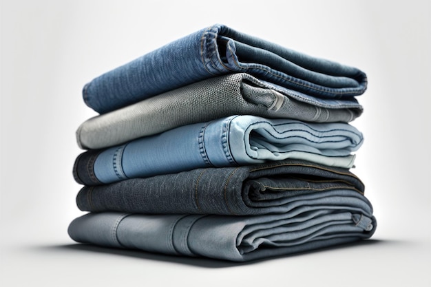 Diverse folded jeans lying in stack on white background AI generation