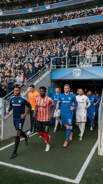 Diverse Footballers From Opposing Clubs Running Out of the Tunnel onto the Sports Stadium Field