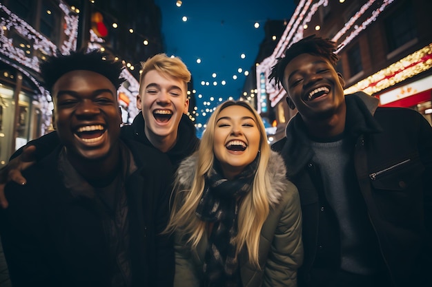 Diverse friends having fun in the city at night