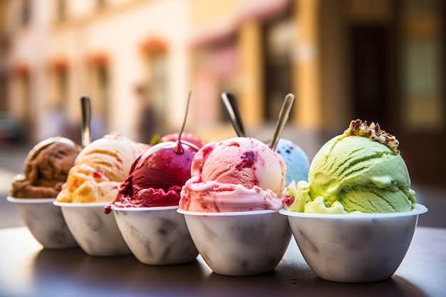 Photo diverse gelato scoops against idyllic roman piazza and gelateria