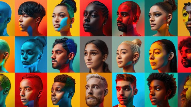 Photo diverse group of aigenerated human faces with unique ethnic features arranged in a vibrant colored grid pattern ai human face