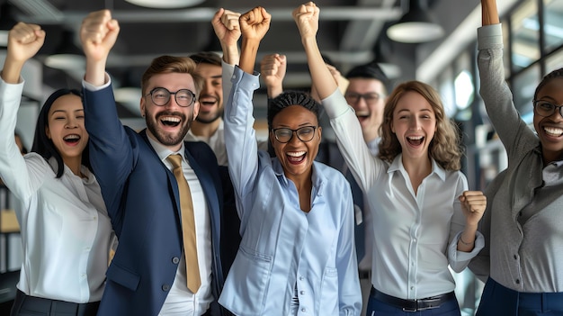 A diverse group of business people cheer together in an office