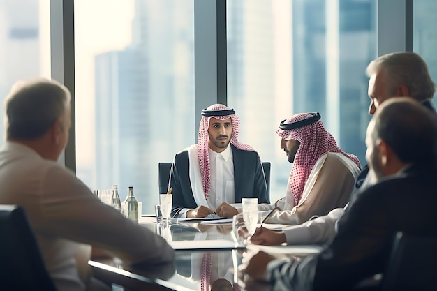 a diverse group of business people including a man in a black suit and a smiling man in a white shirt sit at a glass table in an office they are engaged in conversation