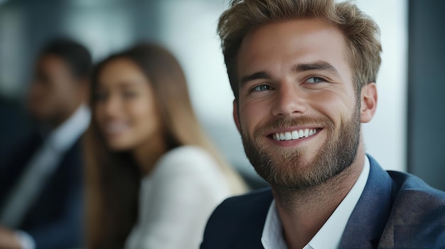 Photo a diverse group of business professionals both male and female dressed in formal attire standing in a modern office environment symbolizing teamwork and corporate success