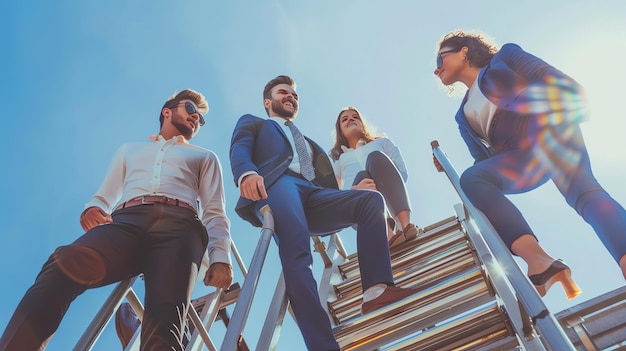 Photo a diverse group of business professionals climb a ladder together symbolizing success and teamwork