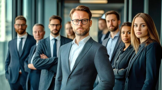 Photo a diverse group of business professionals confidently posing in a modern office environment during a team meeting showcasing their unity and determination