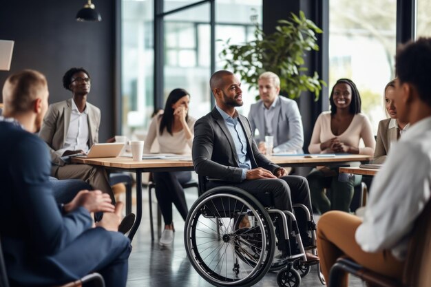 A diverse group of business professionals in a meeting one of them in a wheelchair