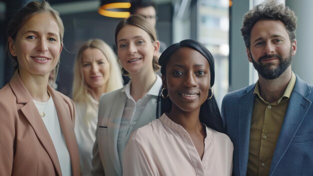 Photo diverse group of business professionals smiling in a modern office setting