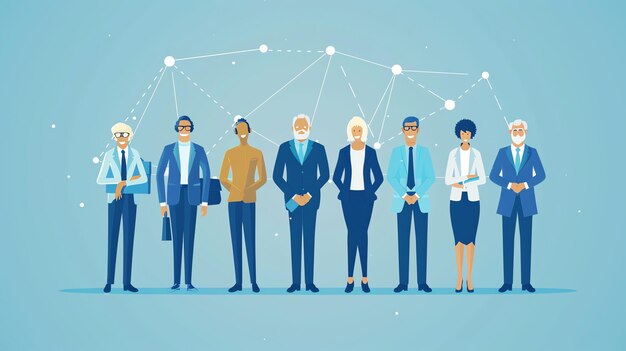 Photo a diverse group of business professionals stand in a row connected by a network of lines