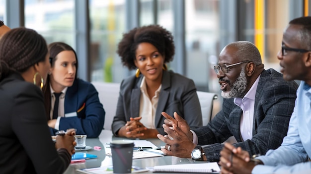 Diverse group of businesspeople discussing around an office table