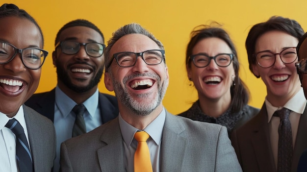 Photo a diverse group of businesspeople share a laugh in a collaborative office setting for team building and collaboration themes