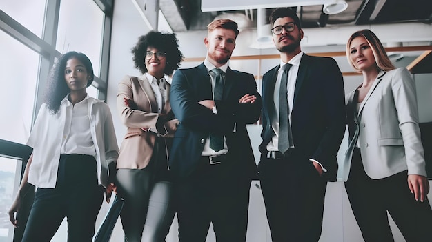 A diverse group of businesspeople stand together in a modern office