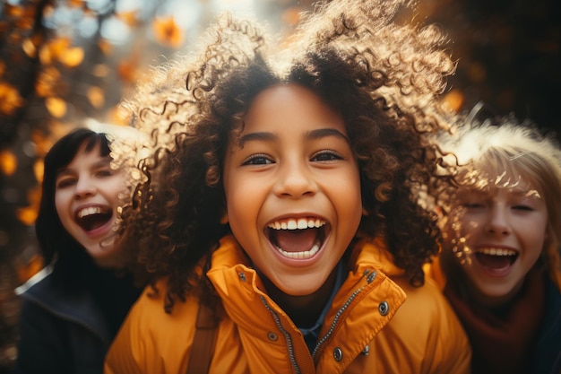 Diverse group of cheerful multiethnic children having fun outdoors at the schoolyard