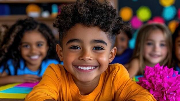 Diverse group of children in colorful classroom