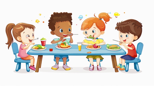 Photo diverse group of children enjoying healthy lunch together in school