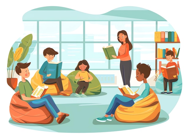 Photo diverse group of children enjoying reading in a bright and colorful library setting