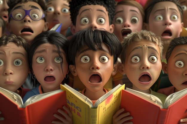 Photo diverse group of children reading books and looking surprised