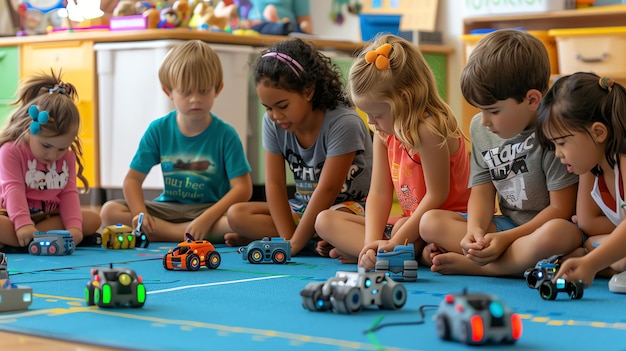 A diverse group of children sit on the floor playing with small toy robots