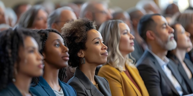 Diverse group in church listening to speaker at religious conference Concept Religious Conference Diverse Audience Speaker Presentation Church Gathering Community Event