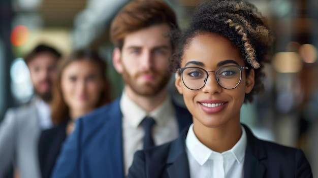 Diverse group of confident business professionals standing in a line focusing on the smiling woman with glasses in the front