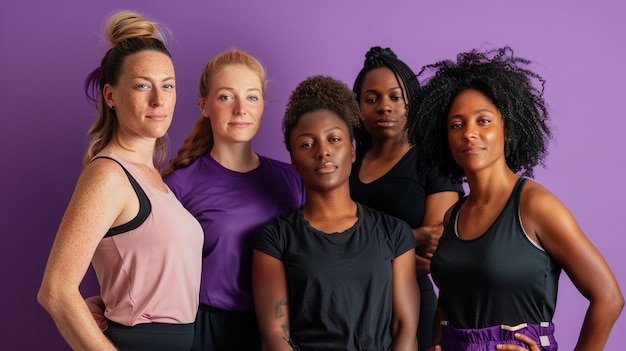 Diverse Group of Confident Women in Activewear Against Purple Background