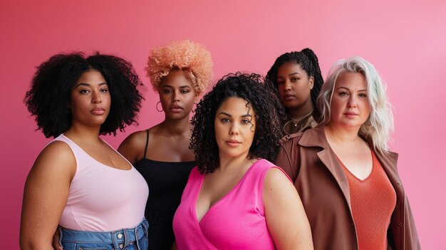 Diverse Group of Confident Women Embracing Body Positivity Against Pink Background