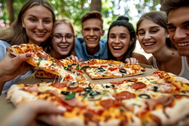 Diverse group of contemporary young people enjoying pizza outdoors