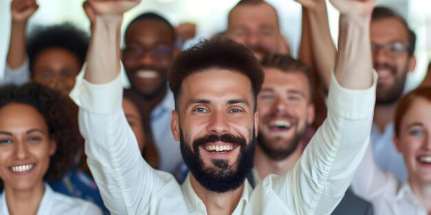 Photo a diverse group of employees celebrating a successful business accomplishment concept team celebration successful achievement diverse group business accomplishment employee happiness