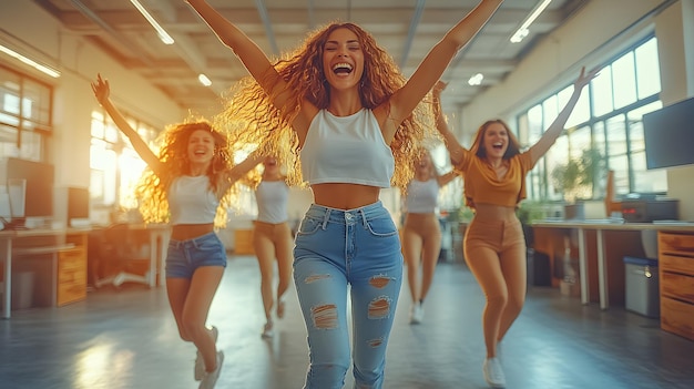 Photo diverse group of employees celebrating a successful business achievement by dancing in a contemporary office with excitement and energy filling the room