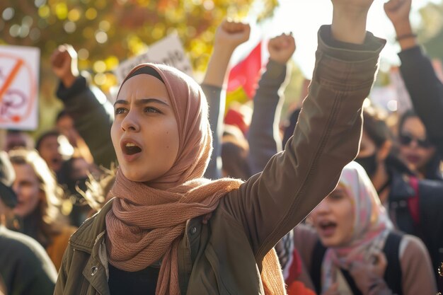 A diverse group of empowered women Including a young adult female with a hijab Participating in a peaceful protest demonstration for civil rights and freedom of expression