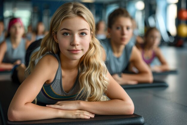 Photo diverse group exercises at gym focus on young blond girl