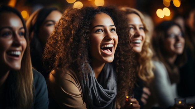 A diverse group of female friends are gathered around a sofa to watch sports on television xA