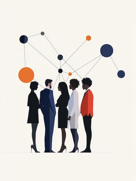 A diverse group of five business professionals stand together connected by abstract lines symb