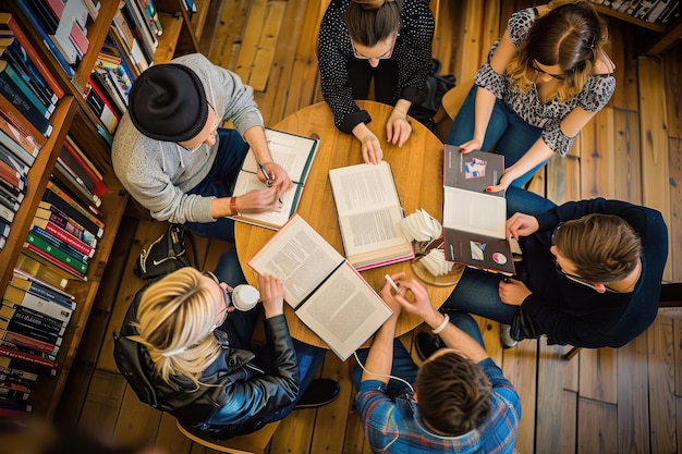 Photo diverse group of friends discussing a book in library diverse group of friends discussing a book in