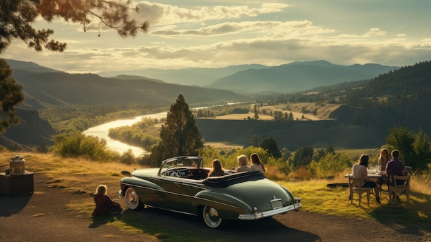 A diverse group of friends enjoy a night out sitting around a vintage car under the stars