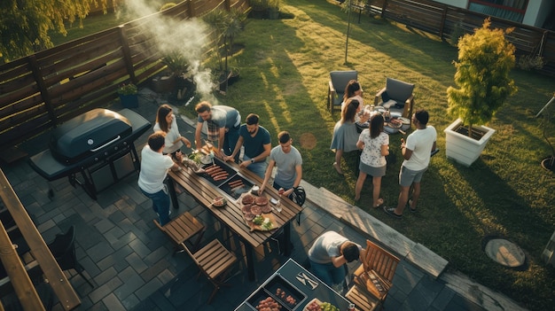 Photo diverse group of friends is gathering around a barbecue in a backyard enjoying good food