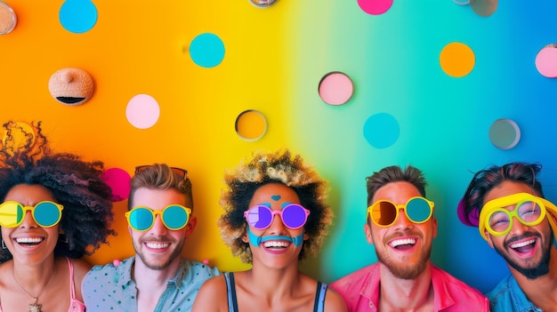 Photo a diverse group of friends laughing and smiling in front of a colorful background