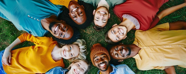 Diverse group of friends lies in a circle on the grass savoring their time together