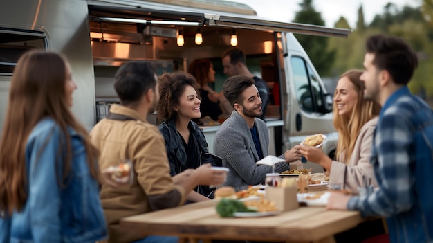 Photo diverse group of friends socializing and enjoying fast food at a food van