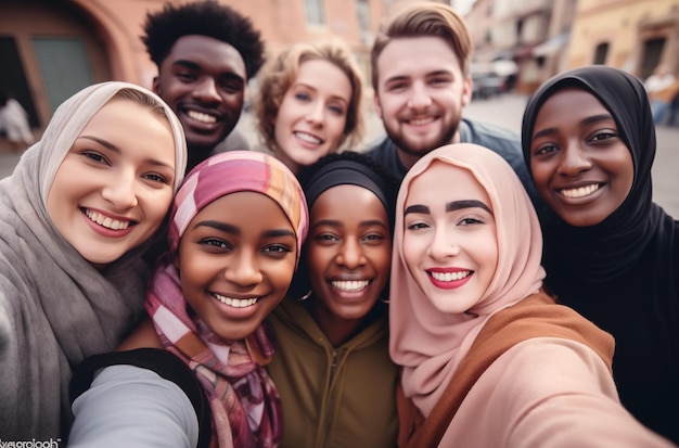 A diverse group of friends taking a cheerful selfie outdoors smiling and enjoying their time together