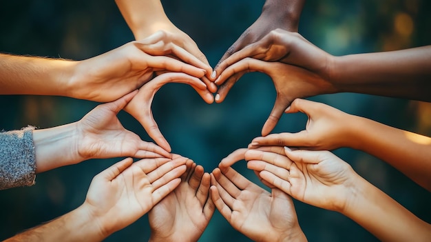 Photo a diverse group of hands come together to form a heart shape symbolizing unity and love