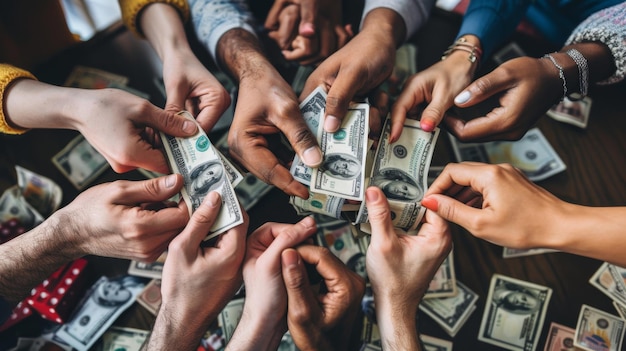 Photo a diverse group of hands holding and exchanging dollar bills symbolizing financial transactions team