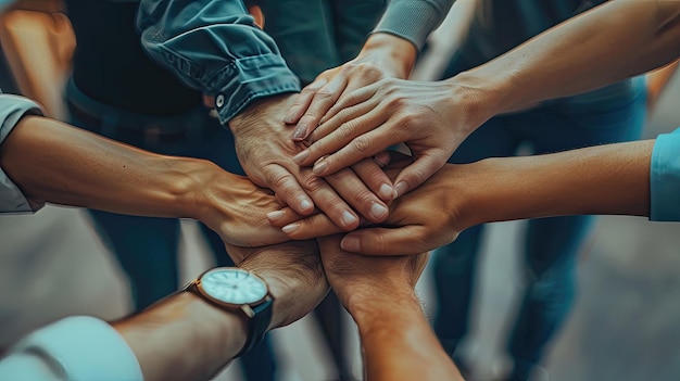 Diverse group of hands piled together in teamwork gesture