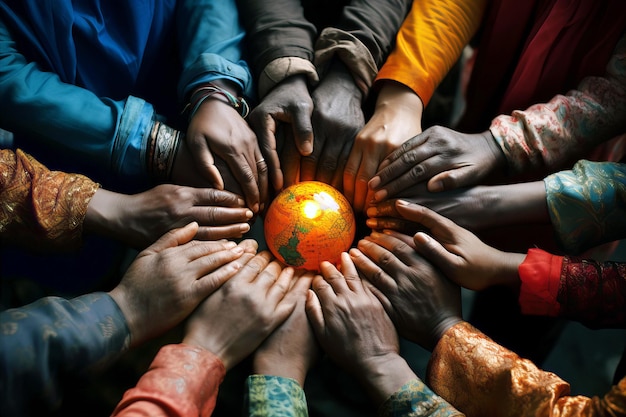 A diverse group of hands reaching towards a glowing globe symbolizing unity and global friendship