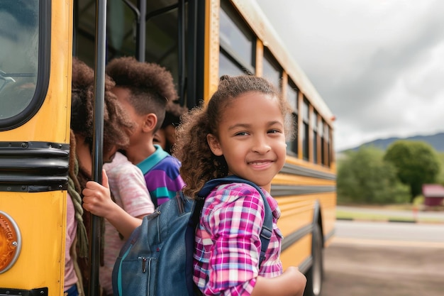 Diverse group of happy children getting on school bus