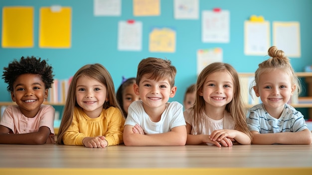 A diverse group of happy children sitting at a table in a classroom